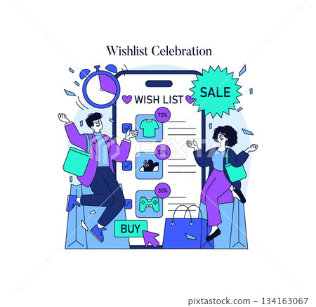 Vector illustration of excited individuals celebrating wishlist purchases with discounts on various items. Includes shopping bags, discount percentages, and a large wish list. Perfect for online sales Vector illustration of excited individuals celebrating wishlist purchases with discounts on various items. Includes shopping bags, discount percentages, and a large wish list. Perfect for online sales 134163067