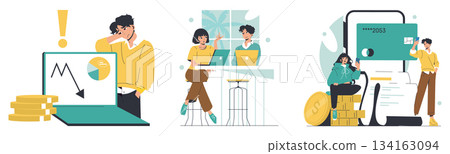 Vector illustration showing business challenges with stock market decline, teamwork collaboration, and digital payment using credit cards. Emotions range from concern to teamwork and innovation. Vector illustration showing business challenges with stock market decline, teamwork collaboration, and digital payment using credit cards. Emotions range from concern to teamwork and innovation. 134163094