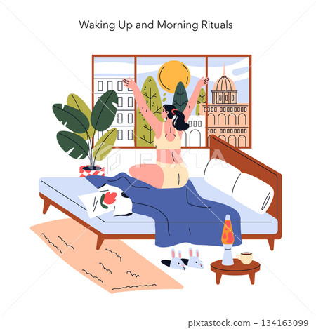 Vector illustration of a person stretching on a bed with a sunrise view through a window. The scene is set in a cozy bedroom with plants, decorative items, and a welcoming atmosphere. Vector illustration of a person stretching on a bed with a sunrise view through a window. The scene is set in a cozy bedroom with plants, decorative items, and a welcoming atmosphere. 134163099