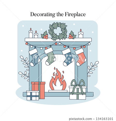Vector illustration of a festive fireplace decorated with holiday stockings, a wreath, and gifts. The cozy scene captures the warmth and spirit of the winter season. Vector illustration of a festive fireplace decorated with holiday stockings, a wreath, and gifts. The cozy scene captures the warmth and spirit of the winter season. 134163101