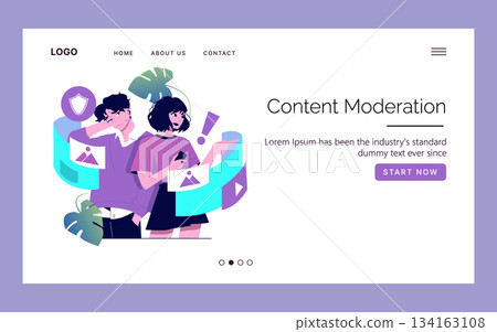 Content moderation vector illustration depicting a team analyzing digital media elements on a website interface. The team is engaged in reviewing and organizing online content for compliance. Content moderation vector illustration depicting a team analyzing digital media elements on a website interface. The team is engaged in reviewing and organizing online content for compliance. 134163108