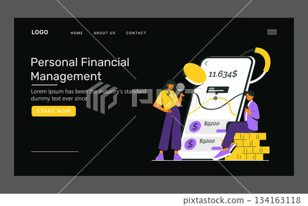 Vector illustration depicting a personal financial management app on a smartphone screen. Two people observe financial data, including graphs and currency symbols, emphasizing financial planning. 134163118