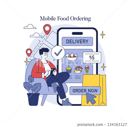 Vector illustration of a person ordering food via mobile app. A smartphone screen displays delivery details and food items while the user interacts with the app from a chair. Vector illustration of a person ordering food via mobile app. A smartphone screen displays delivery details and food items while the user interacts with the app from a chair. 134163127