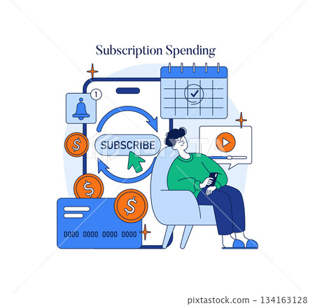 Vector illustration depicting a person managing subscription spending on a digital platform. Icons show notifications, payments, and a calendar, emphasizing financial planning. 134163128