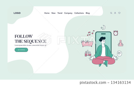 Vector illustration of a person meditating in front of a smartphone surrounded by icons representing relaxation and wellness. Elements include a bathtub, clock, and music notes, all contributing to a Vector illustration of a person meditating in front of a smartphone surrounded by icons representing relaxation and wellness. Elements include a bathtub, clock, and music notes, all contributing to a 134163134