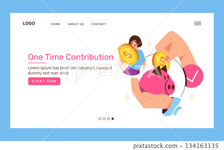 Vector illustration featuring a one-time contribution theme with hands placing a coin in a piggy bank. Includes a person holding a coin and a call-to-action button on a website layout. Vector illustration featuring a one-time contribution theme with hands placing a coin in a piggy bank. Includes a person holding a coin and a call-to-action button on a website layout. 134163135