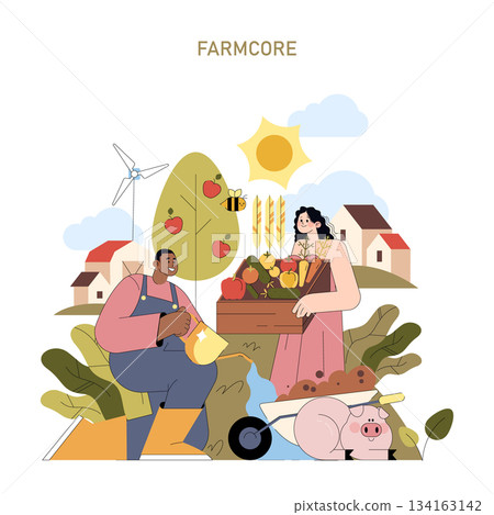 Farmcore vector illustration depicting two farmers harvesting fruits and vegetables in a rural setting. Sustainable agriculture theme, with windmills and nature elements in the background. Farmcore vector illustration depicting two farmers harvesting fruits and vegetables in a rural setting. Sustainable agriculture theme, with windmills and nature elements in the background. 134163142
