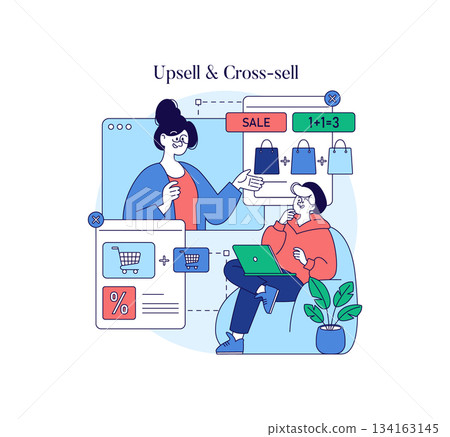 Vector illustration depicting upsell and cross-sell strategies with two people discussing shopping. Includes elements like sale signs and shopping icons, emphasizing retail strategies. Vector illustration depicting upsell and cross-sell strategies with two people discussing shopping. Includes elements like sale signs and shopping icons, emphasizing retail strategies. 134163145