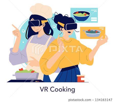 Two people are using virtual reality headsets to explore cooking techniques with interactive displays. The vector illustration captures the innovative use of VR in culinary education. 134163147