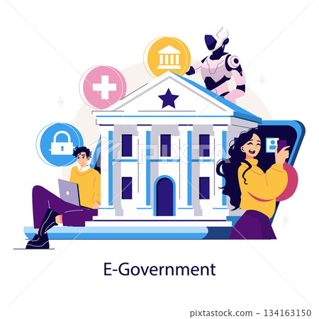 Vector illustration of e-government services featuring digital interactions with a government building, symbols of technology, security, and health, and people engaging in online activities. Vector illustration of e-government services featuring digital interactions with a government building, symbols of technology, security, and health, and people engaging in online activities. 134163150