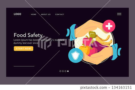 Vector illustration depicting the concept of food safety, featuring hands carefully holding various fresh ingredients. Designed as a webpage layout, emphasizing health and protection. 134163151