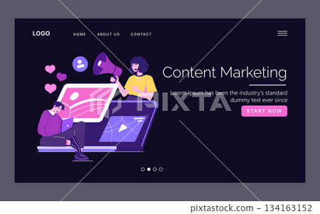 Vector illustration depicting content marketing with individuals using devices for strategy. Includes a person with a megaphone symbolizing communication and engagement online. Vector illustration depicting content marketing with individuals using devices for strategy. Includes a person with a megaphone symbolizing communication and engagement online. 134163152