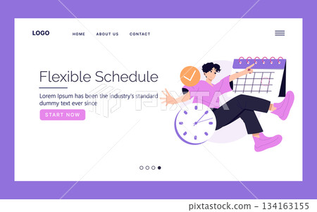 Vector illustration depicting a person interacting with a calendar and clock, symbolizing a flexible schedule. The image suggests time management and planning concepts for work-life balance. Vector illustration depicting a person interacting with a calendar and clock, symbolizing a flexible schedule. The image suggests time management and planning concepts for work-life balance. 134163155