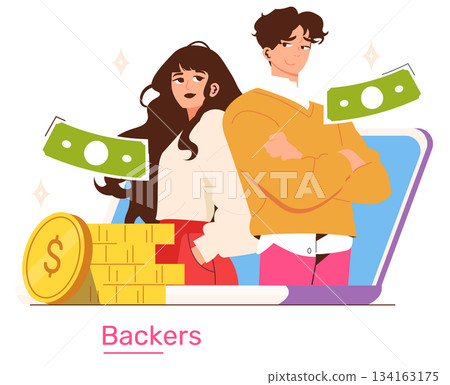 Confident funders stand with arms crossed next to a laptop, surrounded by floating cash and coins. This vector illustration emphasizes financial backing and investment collaboration. Confident funders stand with arms crossed next to a laptop, surrounded by floating cash and coins. This vector illustration emphasizes financial backing and investment collaboration. 134163175