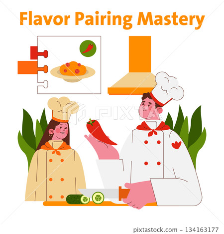 Vector illustration of two chefs discussing flavor pairing. One chef holds a pepper, indicating collaboration in cooking. The image highlights culinary creativity and teamwork. 134163177
