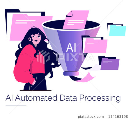 Vector illustration depicting AI automated data processing with documents funneling into a system. A woman stands confidently, symbolizing innovation and technology integration. 134163198