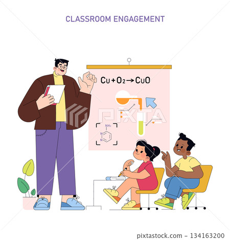 Vector illustration of a teacher conducting a science lesson with two engaged students. The teacher explains a chemical reaction using a chart. Students show interest and curiosity. 134163200