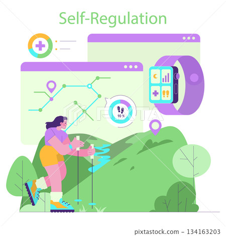 Vector illustration of a woman hiking in nature, using a smartwatch to track self-regulation and activity metrics. Displays interactive graphs and health metrics for outdoor fitness monitoring. 134163203