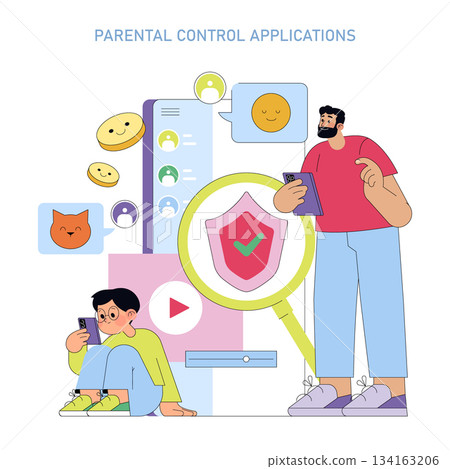Vector illustration depicting parental control app usage. Adult supervises child using mobile device, surrounded by app icons for security and safety. Bright, engaging imagery. Vector illustration depicting parental control app usage. Adult supervises child using mobile device, surrounded by app icons for security and safety. Bright, engaging imagery. 134163206