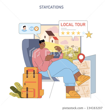 Vector illustration of a person enjoying a staycation, interacting with a tablet to explore virtual local tours. The scene highlights travel concepts with a focus on local experiences. Vector illustration of a person enjoying a staycation, interacting with a tablet to explore virtual local tours. The scene highlights travel concepts with a focus on local experiences. 134163207
