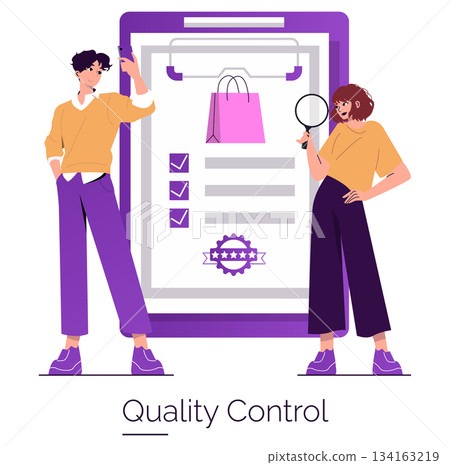Vector illustration of two people involved in a quality control process. One holds a magnifying glass, examining a checklist, while the other appears engaged in analyzing results. 134163219