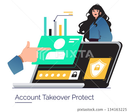 Vector illustration showing a person engaged in protecting an online account. Features elements of security like padlocks and charts, emphasizing account safety and privacy. Vector illustration showing a person engaged in protecting an online account. Features elements of security like padlocks and charts, emphasizing account safety and privacy. 134163225