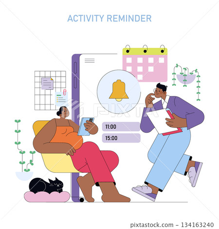 Vector illustration of two colleagues interacting with a smartphone reminder app. A woman sits with a phone, while a man with a clipboard points thoughtfully at the screen. 134163240