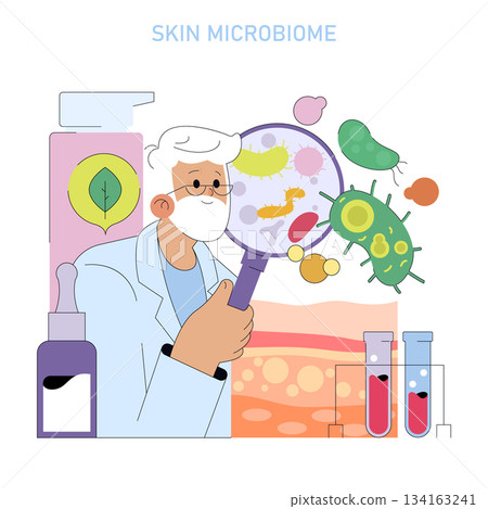 Vector illustration showing a scientist analyzing the skin microbiome using a magnifying glass. Various bacteria and microorganisms are visible, emphasizing microbiome diversity. Vector illustration showing a scientist analyzing the skin microbiome using a magnifying glass. Various bacteria and microorganisms are visible, emphasizing microbiome diversity. 134163241