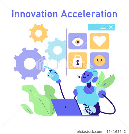 Vector illustration of a robot interacting with a digital interface displaying innovation-related icons, symbolizing technological advancement and creativity acceleration in modern environments. Vector illustration of a robot interacting with a digital interface displaying innovation-related icons, symbolizing technological advancement and creativity acceleration in modern environments. 134163242