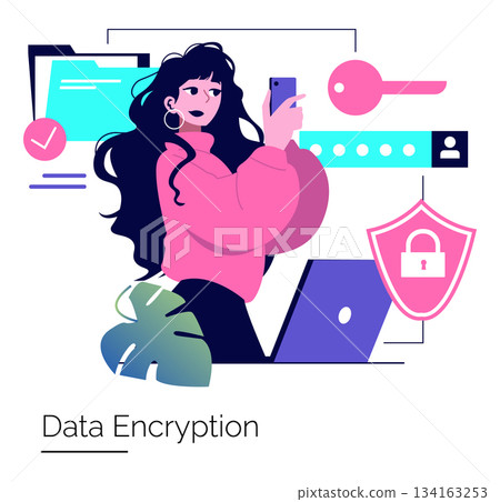 Vector illustration of a woman using her smartphone for data encryption, surrounded by digital security symbols like a padlock and key representing secure online protection. 134163253