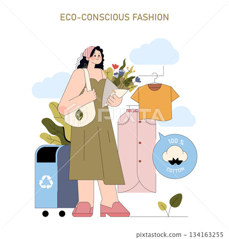 Vector illustration of a woman holding an eco-friendly tote bag, standing near sustainable fashion items. She looks content while surrounded by botanical elements and recyclable icons. 134163255