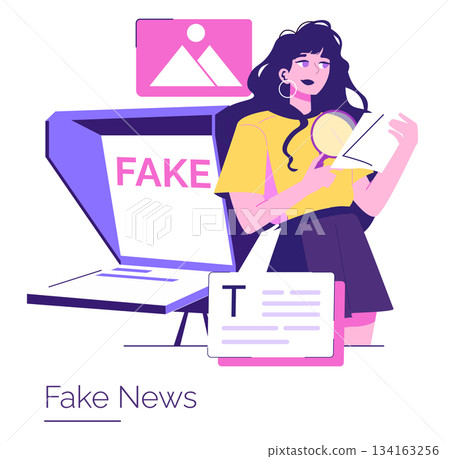 Vector illustration of a woman examining news content on a screen labeled fake. The woman, appearing focused and thoughtful, holds a magnifying glass and document, indicating critical analysis. 134163256