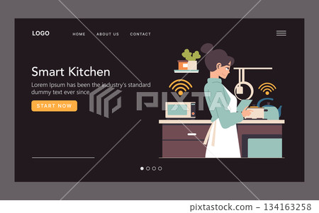 Vector illustration of a woman using a smartwatch while cooking in a modern smart kitchen. The setup includes smart gadgets and appliances, highlighting the integration of technology in daily life. 134163258