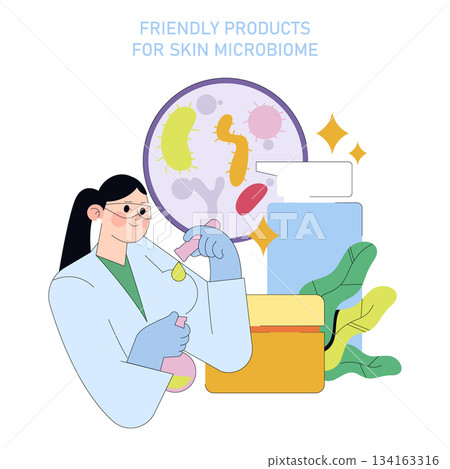 Vector illustration of a female scientist experimenting with skincare products for enhancing skin microbiome. Various bacteria and cosmetic bottles are depicted, emphasizing scientific research. Vector illustration of a female scientist experimenting with skincare products for enhancing skin microbiome. Various bacteria and cosmetic bottles are depicted, emphasizing scientific research. 134163316