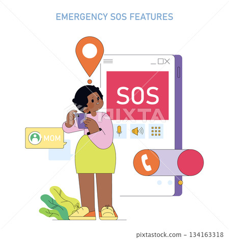 Vector illustration of a concerned woman holding a smartphone, engaging an emergency SOS app. Location pin and contact details visible. Features emergency alert system concept. Vector illustration of a concerned woman holding a smartphone, engaging an emergency SOS app. Location pin and contact details visible. Features emergency alert system concept. 134163318