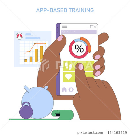 Hands holding a smartphone display app-based training data, featuring colorful charts and progress metrics. Includes a background bar graph and fitness accessories. Vector illustration. Hands holding a smartphone display app-based training data, featuring colorful charts and progress metrics. Includes a background bar graph and fitness accessories. Vector illustration. 134163319