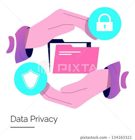 Vector illustration depicting hands encircling a folder symbolizing data protection. Security icons like a lock and shield emphasize the concept of privacy and digital security. 134163321