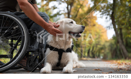 Person in wheelchair petting golden retriever service dog during an autumn walk in a park, showing companionship and support 134163350