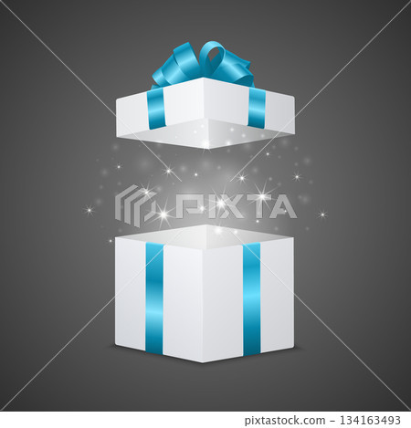 Open White Gift Box with Blue Ribbon and Shining Magic Light, Vector Illustration. 3d Realistic Vector Surprise Present for Birthday, New Year, Loyalty Reward and Holiday Sale 134163493