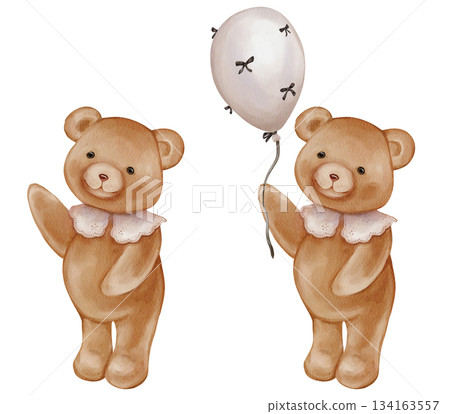 Watercolor Cute Teddy Bear Holding balloon black bows. Valentine Brown bear toy with vintage Jabot collar. Illustration hand drawn in retro style on isolated background for design greeting card Watercolor Cute Teddy Bear Holding balloon black bows. Valentine Brown bear toy with vintage Jabot collar. Illustration hand drawn in retro style on isolated background for design greeting card 134163557