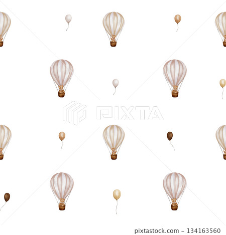 Repeat pattern with hot Air Balloons, helium balloon and bears. Watercolor seamless background for Kids. Cute Print for childish textile design or wallpaper with cute Teddy 134163560