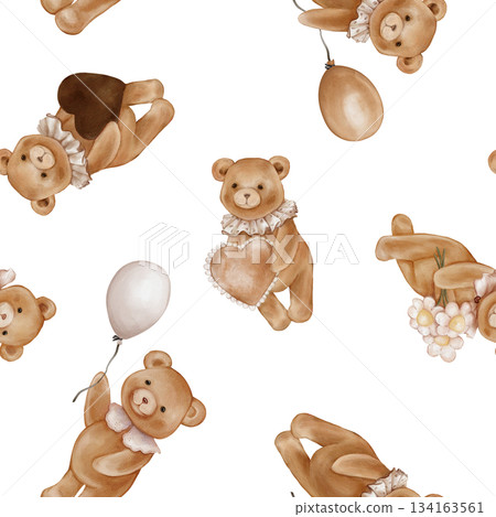 Seamless pattern with Watercolor Cute Teddy Bear Holding balloon and heart. Repeat ornament with Valentine Brown bear toy with vintage Jabot collar and daisy. Illustration hand drawn on isolated. Seamless pattern with Watercolor Cute Teddy Bear Holding balloon and heart. Repeat ornament with Valentine Brown bear toy with vintage Jabot collar and daisy. Illustration hand drawn on isolated. 134163561