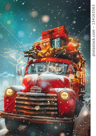 Festive christmas truck delivering gifts through a snowy night scene. Postcard for Christmas and New Year. Vertical banner. Copy space. Free space for text Festive christmas truck delivering gifts through a snowy night scene. Postcard for Christmas and New Year. Vertical banner. Copy space. Free space for text 134163563