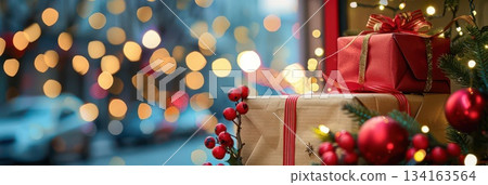 Festive christmas gift delivery with lights and decorations for holiday celebration. Boxing Day. Template for Christmas and New Year. Horizontal banner. Copy space. Free space for text 134163564