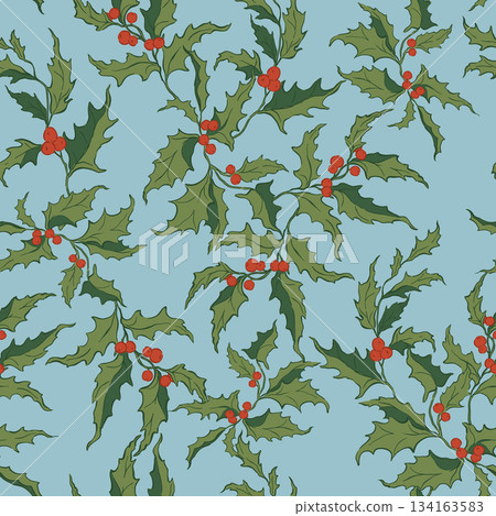 Christmas vector floral seamless pattern of holly and berries. Hand-drawn vintage collection isolated on blue background. Illustration for design, print, fabric or background. 134163583