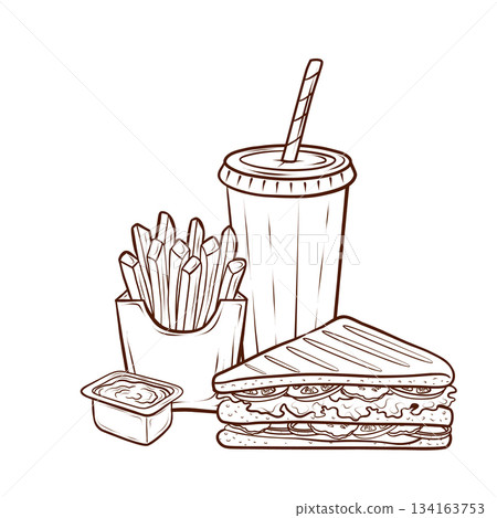 An image of a fast food set, including a sandwich, fries, sauce, and a drink. Vector line illustration in an engraving style. Suitable for menus, banners, advertising layouts, corporate identity, and An image of a fast food set, including a sandwich, fries, sauce, and a drink. Vector line illustration in an engraving style. Suitable for menus, banners, advertising layouts, corporate identity, and 134163753