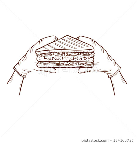 Hands in latex gloves holding a club sandwich. Vector illustration in outline style. The object relates to fast food and service. Suitable for menus, packaging, banners, advertising materials, and Hands in latex gloves holding a club sandwich. Vector illustration in outline style. The object relates to fast food and service. Suitable for menus, packaging, banners, advertising materials, and 134163755