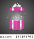 Open Pink Gift Box with Silver Ribbon Bow and Magic Sparkles Vector 3d Realistic Surprise Present Holiday Packaging for Christmas New Year Birthday Valentines Wedding Baby Shower Sale 134163763
