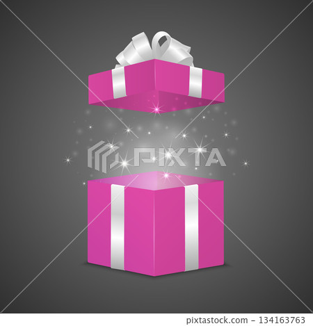 Open Pink Gift Box with Silver Ribbon Bow and Magic Sparkles Vector 3d Realistic Surprise Present Holiday Packaging for Christmas New Year Birthday Valentines Wedding Baby Shower Sale 134163763