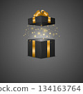 Open Black Gift Box with Gold Ribbon Bow and Magic Glow Vector 3d Realistic Luxury Surprise Present with Sparkles Holiday Packaging for Christmas New Year Birthday Sale Black Friday 134163764